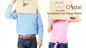  Presentation with heads - Amazing slide deck having individual behaviour - couple with cardboard boxes backdrop and a  colored foreground