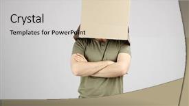  Presentation with man head in hands - Presentation design featuring individual behaviour - man with cardboard box background and a light gray colored foreground