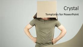  Presentation with man head in hands - Slide set having individual behaviour - man with cardboard box background and a  colored foreground