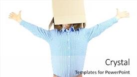  Presentation with 3d isolated t rex head - Presentation design with individual behaviour - man with cardboard box background and a  colored foreground