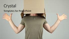  Presentation with man head in hands - Beautiful PPT theme featuring individual behaviour - man with cardboard box backdrop and a  colored foreground