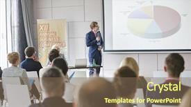  Presentation with college seminar hall - Cool new presentation with individual meeting - businessman explaining pie chart backdrop and a violet colored foreground