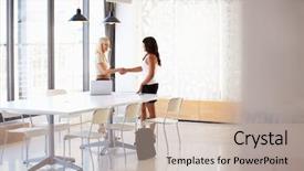  Presentation with shaking hands - Presentation theme featuring individual meeting - businesswoman shaking hands background and a mint green colored foreground