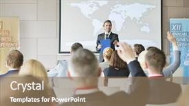  Presentation with speaker - Presentation theme enhanced with individual meeting - smiling public speaker asking questions background and a coral colored foreground