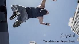  Presentation with city - Cool new slide deck with individual performance - athletic man doing back flip backdrop and a light blue colored foreground