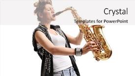  Presentation with female singers jazz - Slide deck with individual performance - female punker playing a saxophone background and a light gray colored foreground