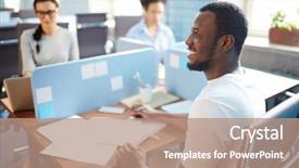  Presentation with workplace - Slide deck consisting of individuals organization - happy young businessman in casualwear background and a coral colored foreground