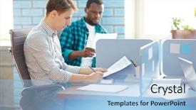  Presentation with audit financier - Slide deck enhanced with individuals organization - serious young financier reading papers background and a light blue colored foreground