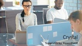  Presentation with managers - Colorful slide deck enhanced with individuals organization - several office managers concentrating backdrop and a light blue colored foreground