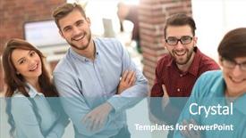  Presentation with american - Slide deck consisting of individuals organization - smiling american team discussing business background and a teal colored foreground