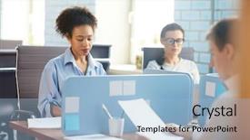  Presentation with teachers working around a table - PPT theme consisting of individuals organization - young intercultural colleagues sitting background and a  colored foreground