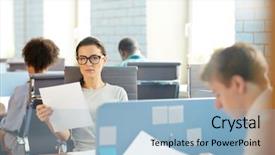  Presentation with managing finances during college - Slide deck featuring individuals organization - young serious manager with paper background and a  colored foreground