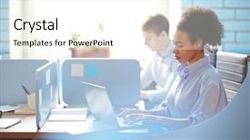  Presentation with information - Slide set consisting of individuals organization - young woman concentrating on searching background and a  colored foreground