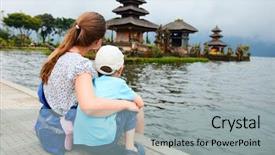  Presentation with bali temple - Audience pleasing slides consisting of indonesia travel - mother and son enjoying views backdrop and a light blue colored foreground