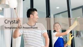  Presentation with cleaning - PPT theme featuring indonesian couple cleaning their home background and a coral colored foreground