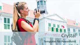  Presentation with quarter - Slide set consisting of indonesian flag - woman tourist taking pictures background and a light blue colored foreground