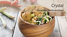  Presentation with meatball - Colorful presentation design enhanced with indonesian food delicious mee bakso backdrop and a coral colored foreground