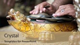  Presentation with traditional music - Beautiful slide set featuring indonesian musical instrument in form backdrop and a coral colored foreground