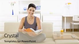  Presentation with student - Presentation theme featuring indoor furniture - female student sitting on sofa background and a  colored foreground