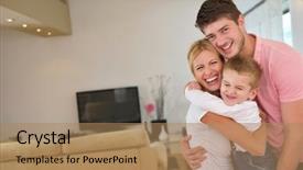  Presentation with living room family - Slide set featuring indoor furniture - happy young family with kids background and a coral colored foreground