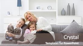 Presentation with children 3 5 - PPT theme having indoor furniture - mother and children sitting together background and a gray colored foreground