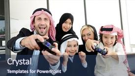  Presentation with video game - Colorful theme enhanced with indoor games - happy arabic family playing backdrop and a ocean colored foreground