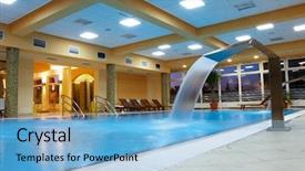  Presentation with wooden lighting - Theme featuring indoor lighting - relaxation area with swimming pool background and a light blue colored foreground