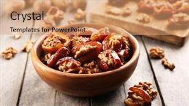  Presentation with date fruit - Slides having indoor lighting - walnut and date fruit background and a  colored foreground