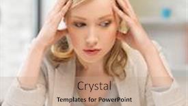  Presentation with tired - Slide deck consisting of indoor picture of bored and tired woman behind the table background and a coral colored foreground