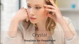  Presentation with tired - Audience pleasing PPT layouts consisting of indoor picture of bored and tired woman behind the table backdrop and a coral colored foreground