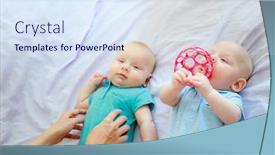  Presentation with babies - Cool new theme with indoor portrait of young happy smiling mother with twin babies at home backdrop and a sky blue colored foreground