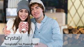  Presentation with winter - Presentation featuring indoor skiing - couple having hot drink background and a  colored foreground