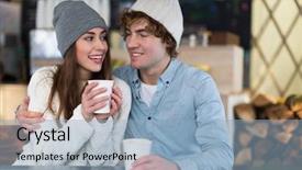  Presentation with winter - Beautiful presentation theme featuring indoor skiing - couple having hot drink backdrop and a  colored foreground
