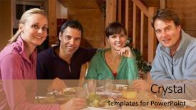  Presentation with alpine skiing - Beautiful presentation theme featuring indoor skiing - group of friends enjoying meal backdrop and a  colored foreground