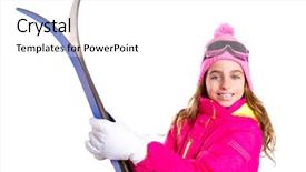  Presentation with sports wear ski goggles - Slide set with indoor skiing - kid girl ski with snow background and a  colored foreground