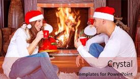 Presentation with indoor winter - Slide deck featuring indoor skiing - loving couple by fireplace young background and a red colored foreground