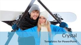  Presentation with clothing wooden clothes hanger object - Colorful presentation theme enhanced with indoor skiing - portrait of young couple backdrop and a light blue colored foreground