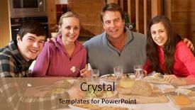  Presentation with alpine skiing - PPT theme with indoor skiing - teenage family enjoying meal background and a coral colored foreground