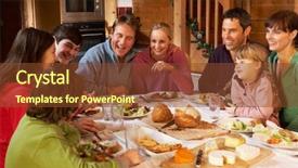  Presentation with alpine - Colorful PPT theme enhanced with indoor skiing - two familes enjoying meal backdrop and a tawny brown colored foreground