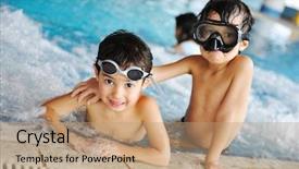  Presentation with poor children educaion - Cool new PPT theme with indoor sports - children at pool happiness backdrop and a coral colored foreground