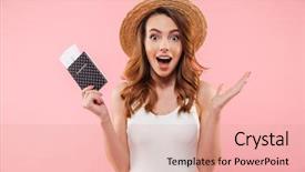  Presentation with white and black woman climbing ladders - Cool new PPT theme with indoor tanning - excited slim woman in white backdrop and a coral colored foreground