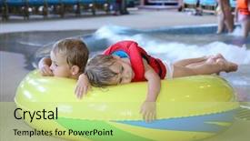  Presentation with water park - Colorful PPT theme enhanced with indoor water park - children in aquapark backdrop and a yellow colored foreground