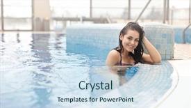 Presentation with jumping into pool - Presentation theme consisting of indoor water park - pretty woman at the pool background and a sky blue colored foreground