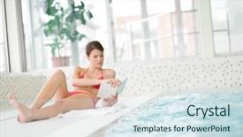  Presentation with water park - Presentation design featuring indoor water park - swimming pool - woman relax background and a  colored foreground