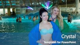  Presentation with sports table tennis two ping - Colorful PPT layouts enhanced with indoor water park - two women in swimwear backdrop and a  colored foreground