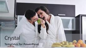  Presentation with young happy couple - PPT theme having indoor while preparing fresh fruit background and a  colored foreground