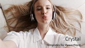  Presentation with listening woman - Amazing PPT layouts having indoors at home listening music backdrop and a  colored foreground