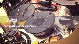  Presentation with speakers - Beautiful presentation theme featuring closeup of electric speakers parts backdrop and a gray colored foreground