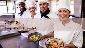  Presentation with hotel kitchen - Slide set featuring indulge - group of chefs holding plate background and a coral colored foreground