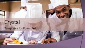  Presentation with female - Slides having indulge - male and female chefs garnishing background and a coral colored foreground